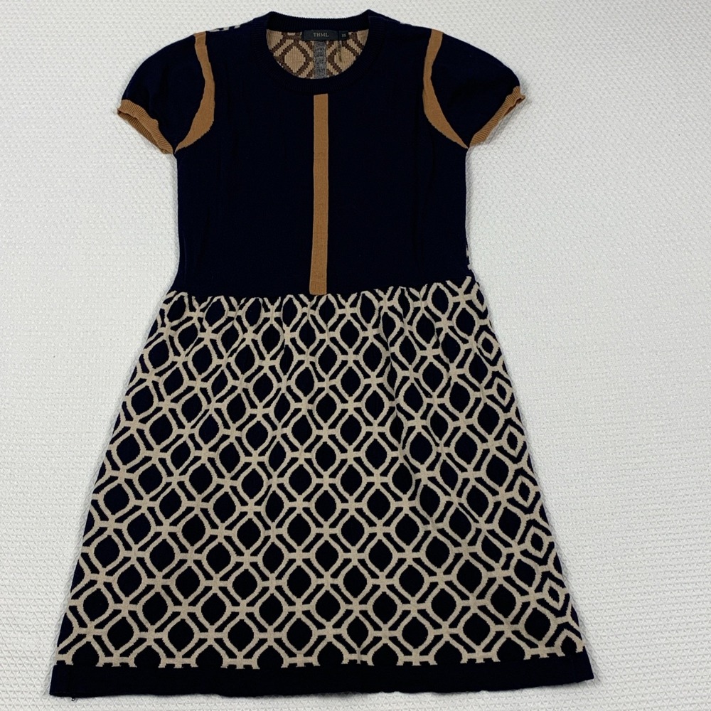 THML Navy Geometric Knit Dress Womens XS Cotton Art Deco Colorblock Shift